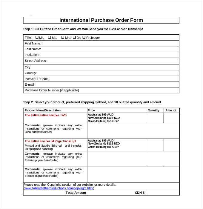 international purchase order form