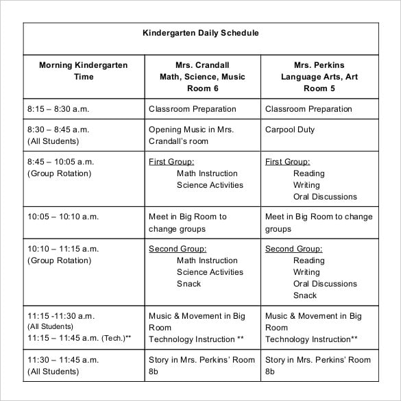 kindergarten daily schedule