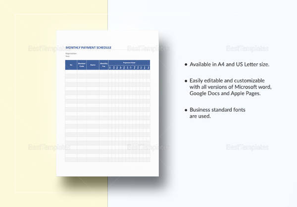 monthly payment schedule template