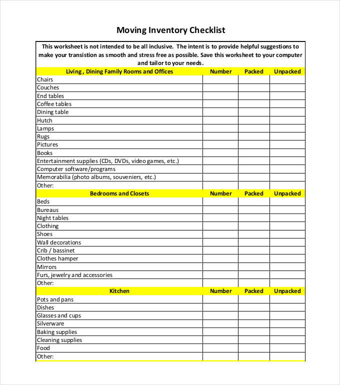 moving inventory checklist template