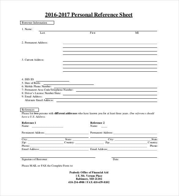 personal reference sheet pdf