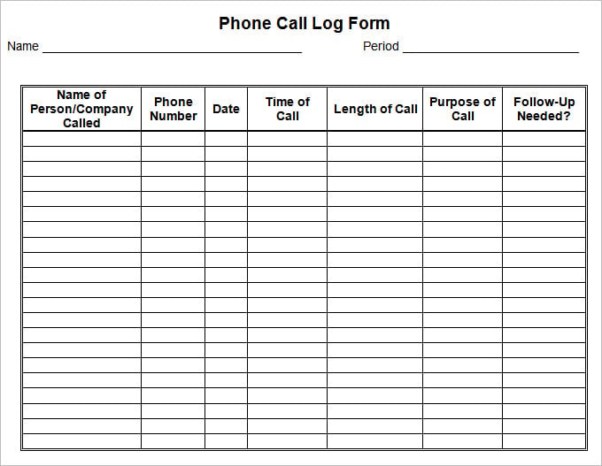 pphone call log form template