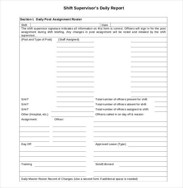printable shift supervisors daily report