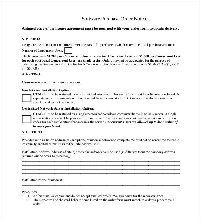 printable software purchase order notice