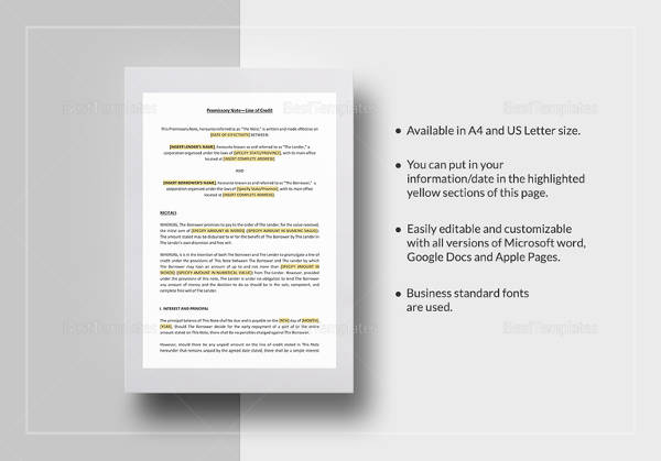 promissory note line of credit template