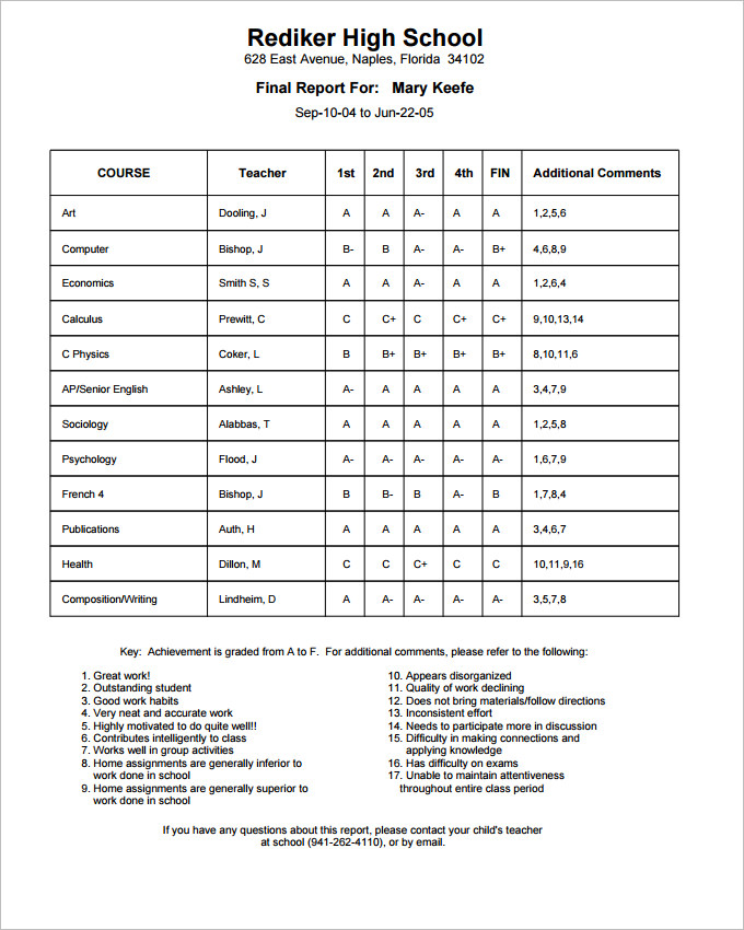 Report Card Template 28 Free Word Excel PDF Documents Download 