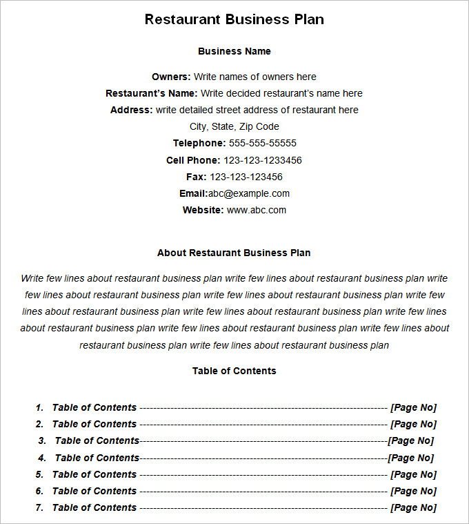 restaurant business plan template free download