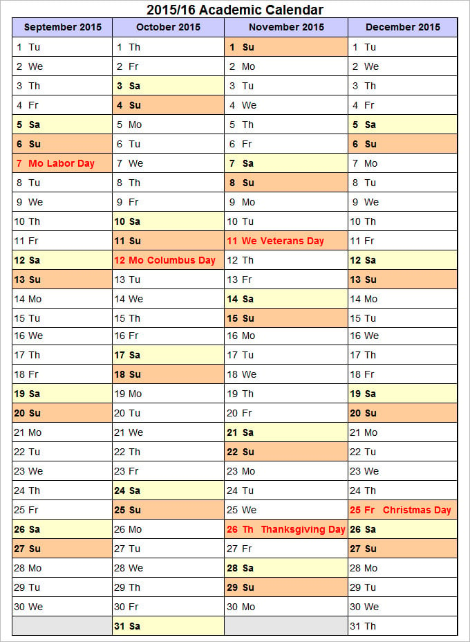 sample academic calendar 2015 20