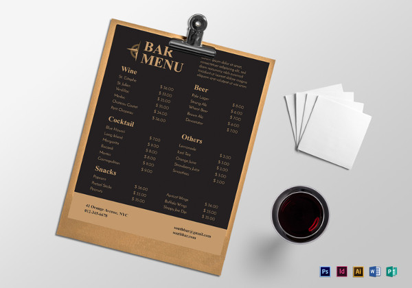 sample bar menu