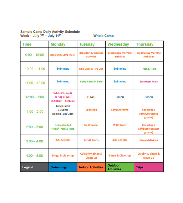 sample camp daily activity schedule template