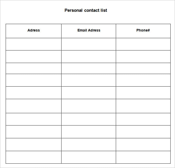 sample contact list template free download