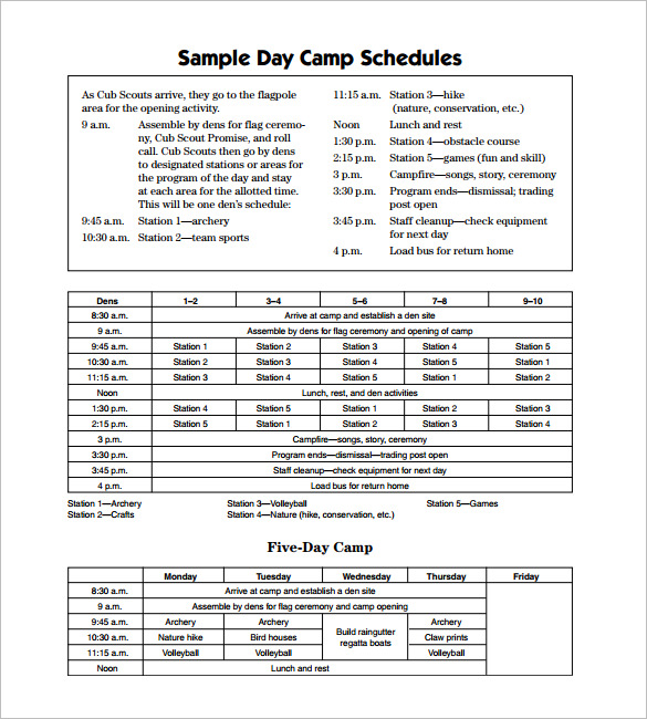 sample day camp schedule template