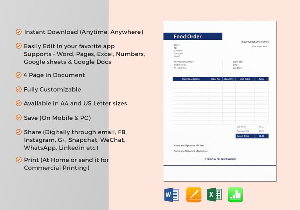 sample food order excel template