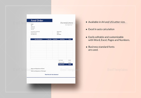 sample food order template