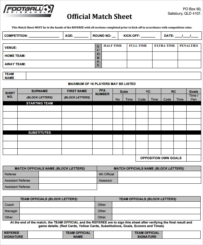 Football Team Sheet Template 6+ PDF