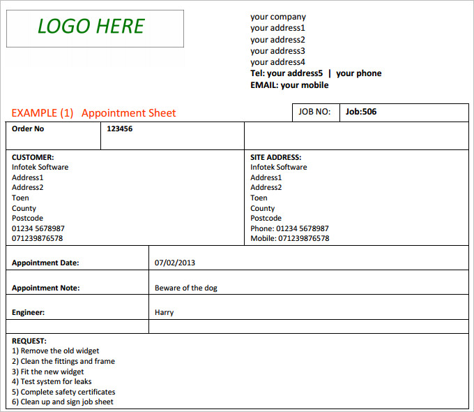 Job Sheet Template 13  Free Word Excel PDF Documents Download