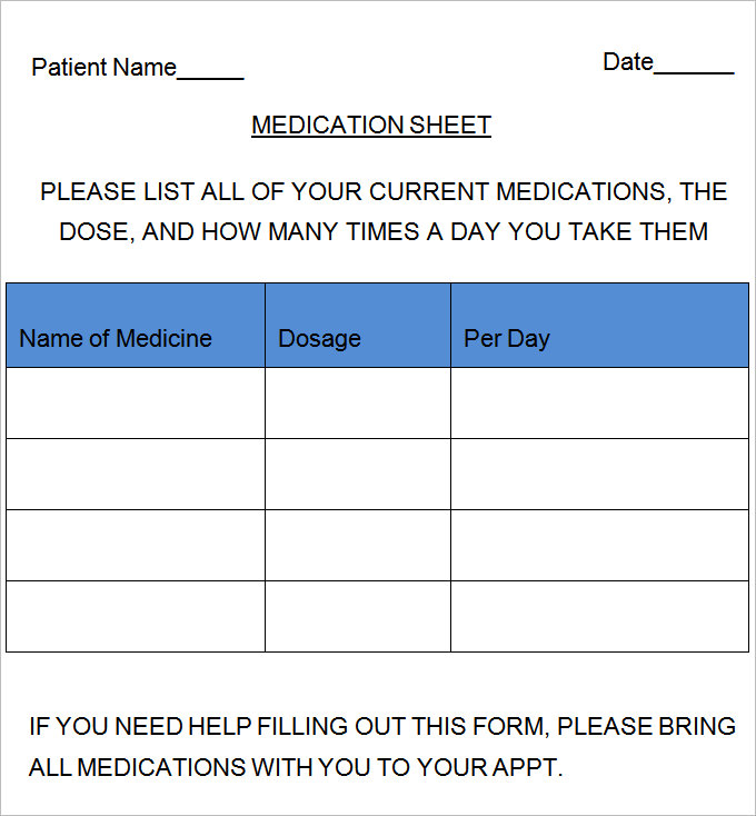 sample medication sheet template free download