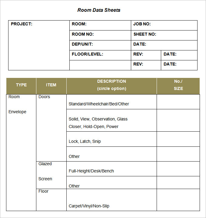 2 Room Data Sheet Template Word PDF