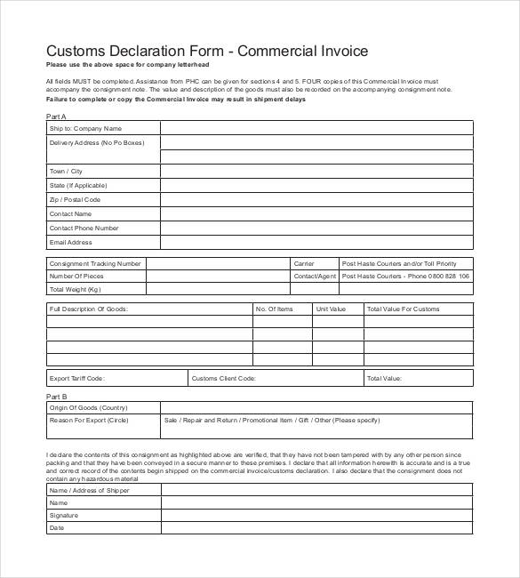 sample of commercial invoice form