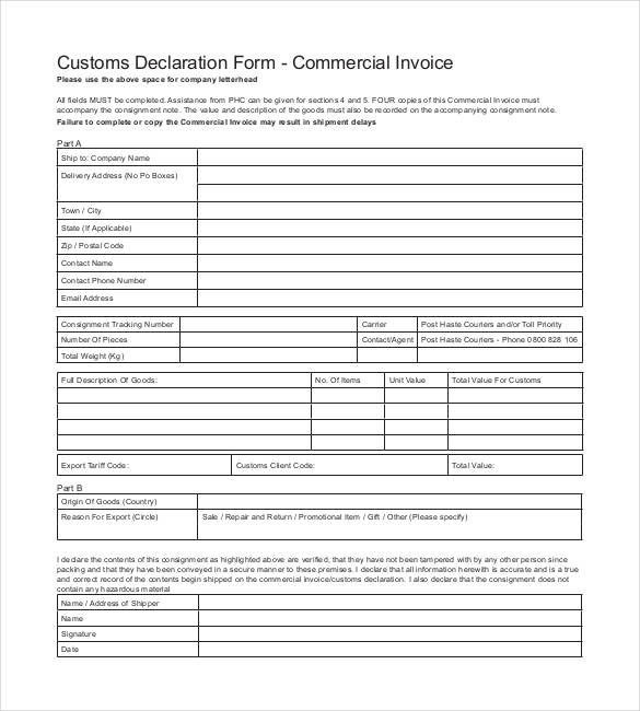 customs commercial invoice template