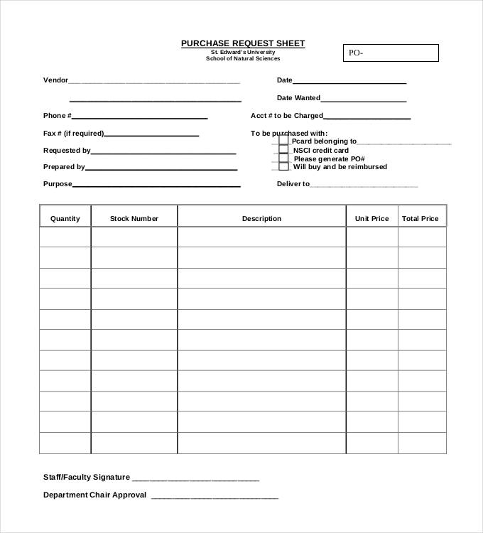 sheet for purchase request order