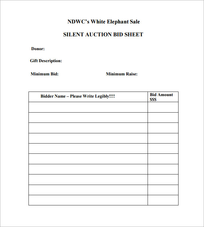 silent auction bid sheet template pdf free download