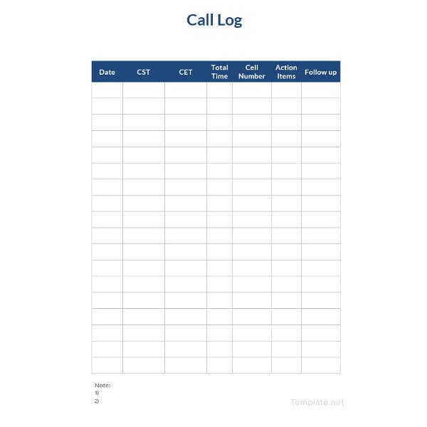 simple call logs template