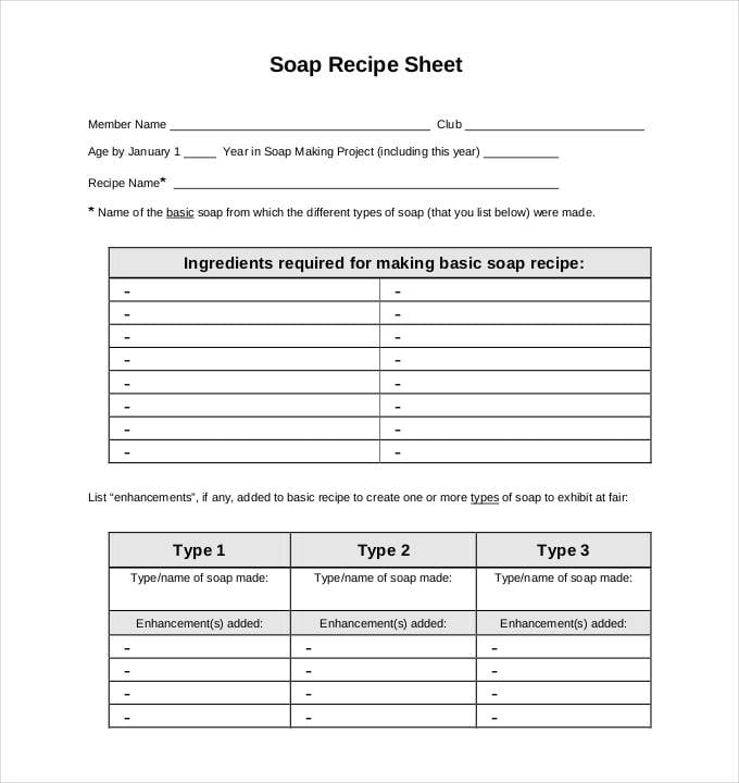 soap recipe sheet