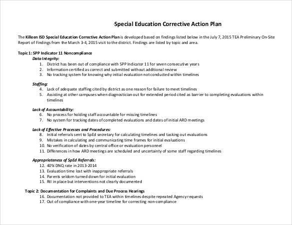 special education corrective action plan