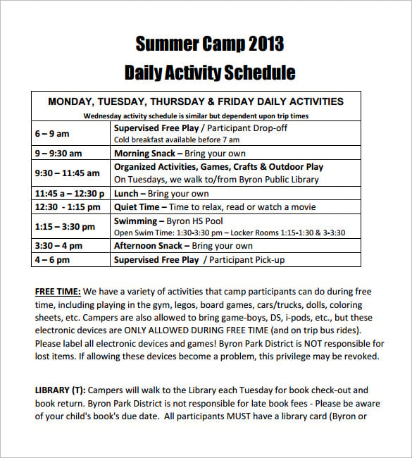 summer camp daily activity schedule template