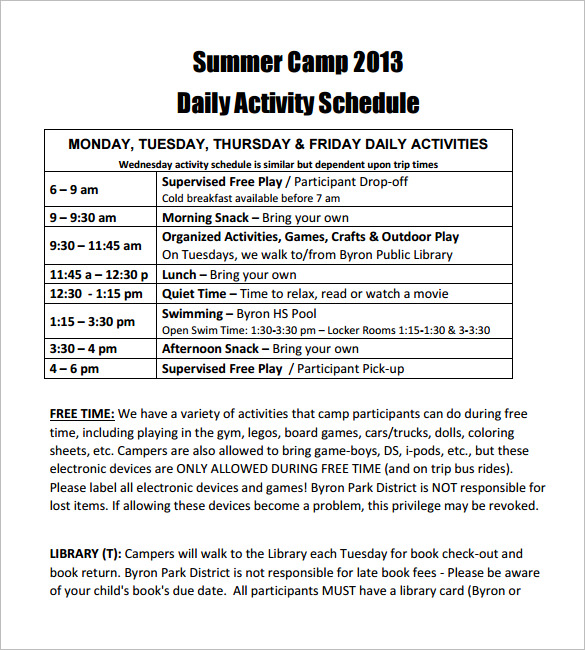 summer camp daily schedule sample