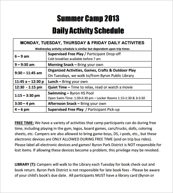 15 Camp Schedule Templates PDF DOC