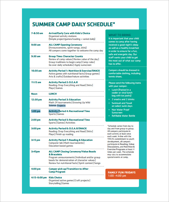 summer camp daily schedule