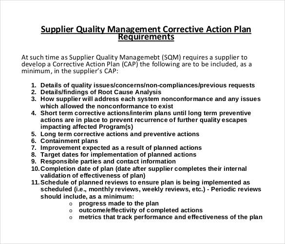 supplier quality management corrective action plan