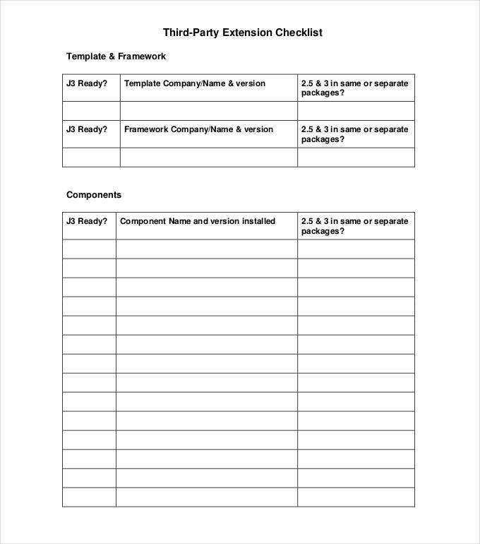 third party extension checklist inventory sheet