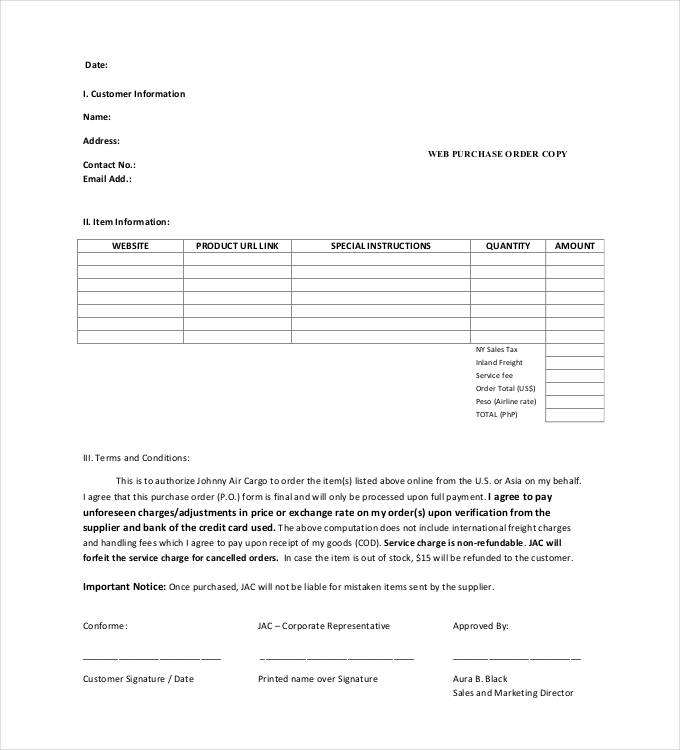 web purchase order copy