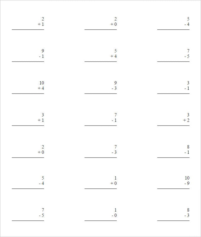 0 and 10 addition and subtraction worksheet template
