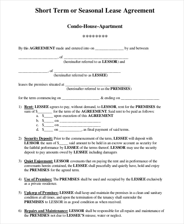 apartment short term lease agreement pdf free download