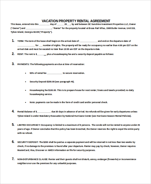 Vacation Home Rental Agreement Template