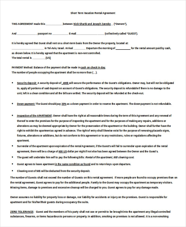 free download short term vacation rental agreement