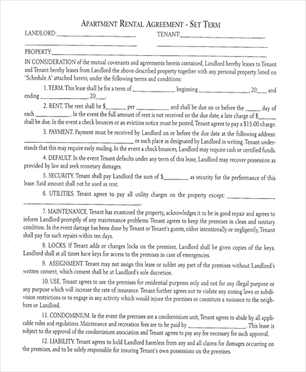 apartment term rental agreement template sample download