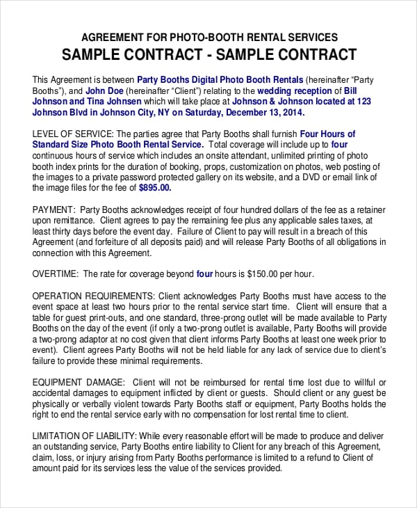 sample party booth rental agreement template free download
