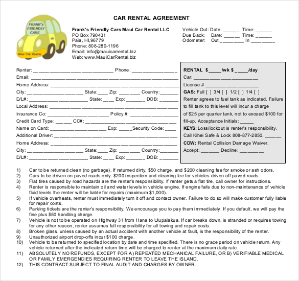 Vehicle Rental Agreement Template