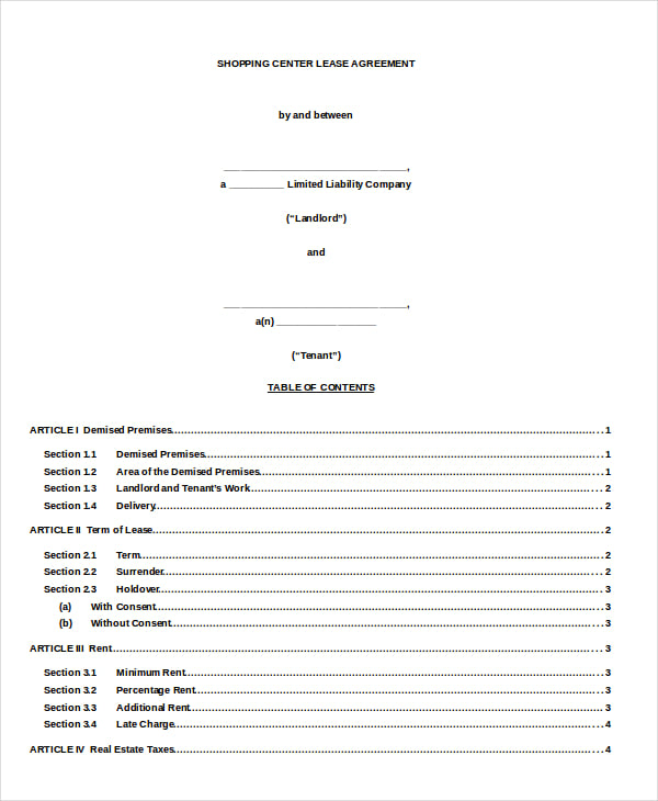 shopping center lease agreement example template download
