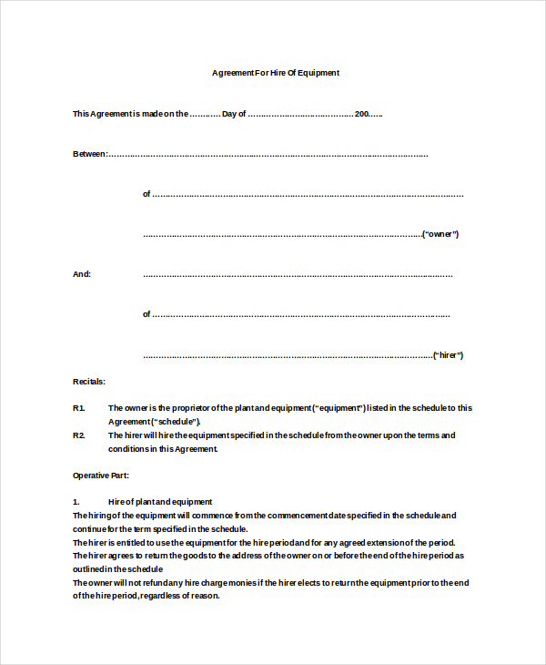 20 Equipment Rental Agreement Templates DOC PDF