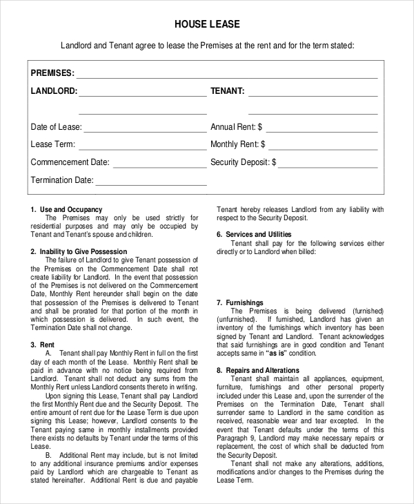 furnished house rental agreement template