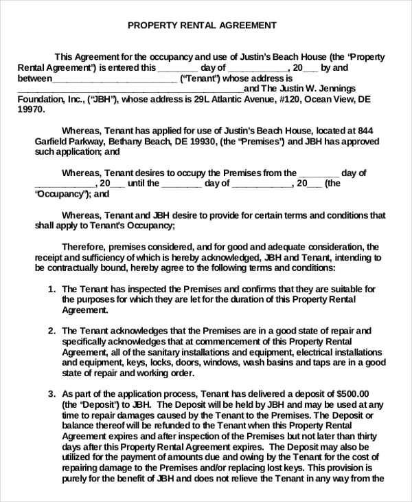 property rental agreement example download for free