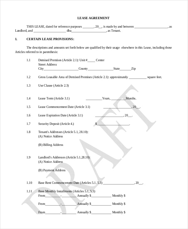retail lease agreement form example download
