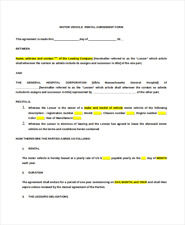 motor vehicle rental agreement form doc format free download