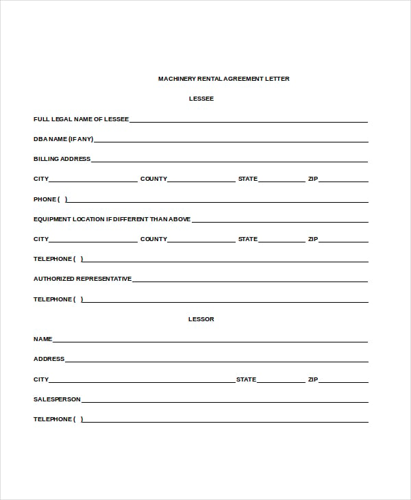machinery rental agreement letter free doc download